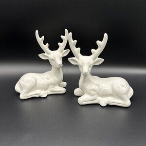 Vintage White Ceramic Christmas Deer Buck Laying Figurine